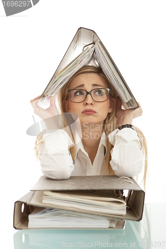 Image of business woman with folder on desk workin isolated on white background