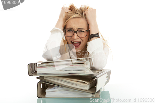 Image of business woman with folder on desk workin isolated on white background