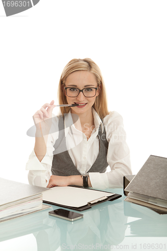 Image of business woman with folder on desk workin isolated on white background