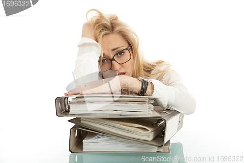 Image of business woman with folder on desk workin isolated on white background