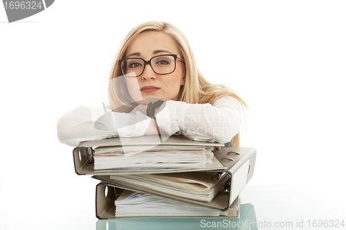 Image of business woman with folder on desk workin isolated on white background