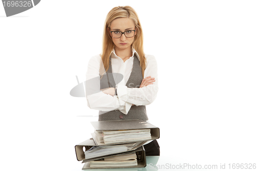 Image of business woman with folder on desk workin isolated on white background