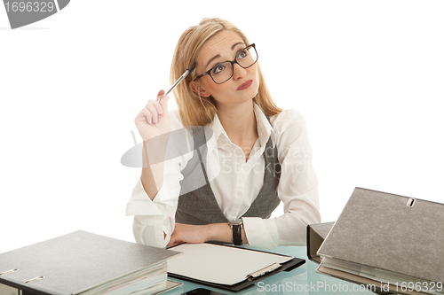 Image of business woman with folder on desk workin isolated on white background