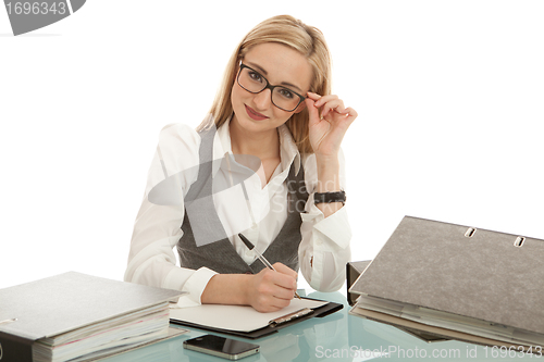 Image of business woman with folder on desk workin isolated on white background