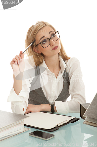 Image of business woman with folder on desk workin isolated on white background