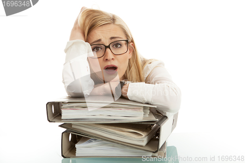 Image of business woman with folder on desk workin isolated on white background