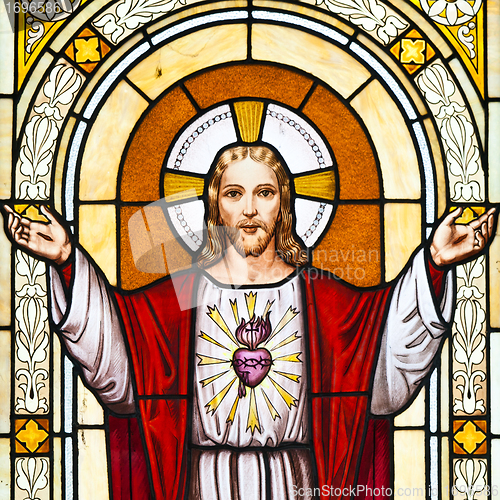 Image of Jesus window painting in cemetery