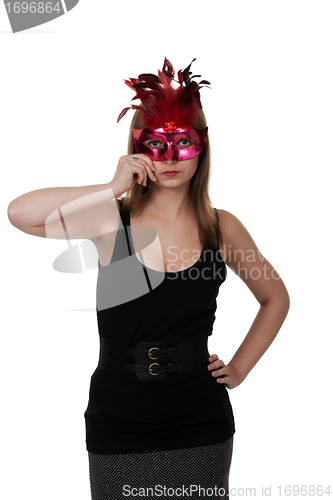 Image of girl in the red masquerade mask