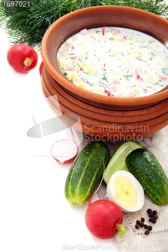 Image of Cold yogurt soup with eggs, vegetables and meat.