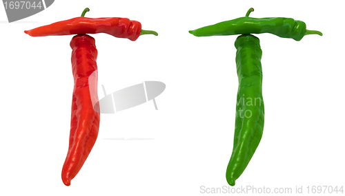 Image of Letter T composed of green and red chili peppers