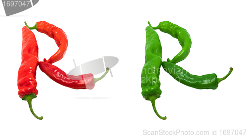 Image of Letter R composed of green and red chili peppers