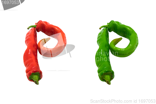 Image of Letter P composed of green and red chili peppers