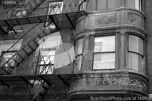 Image of ornate rounded bay windows black and white one