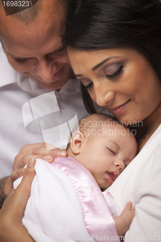 Image of Mixed Race Young Family with Newborn Baby