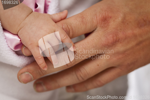 Image of Baby Girl Hand Holding Rough Finger of Dad