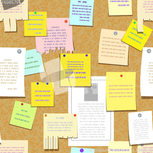 Image of seamless cork bulletin board with notes, advertise