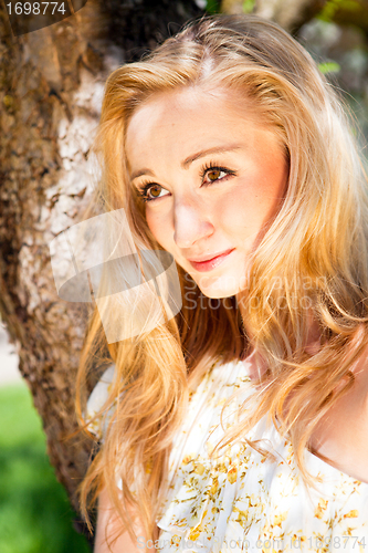 Image of beautiful young girl happy in summer outdoor