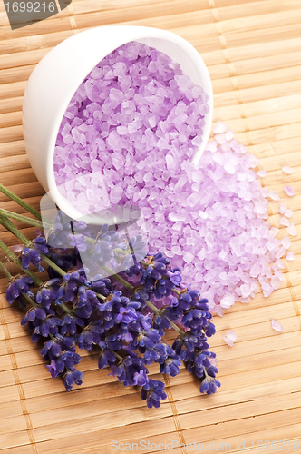 Image of Lavender flowers and the bath salt - beauty treatment 