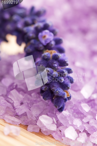 Image of Lavender flowers and the bath salt - beauty treatment 