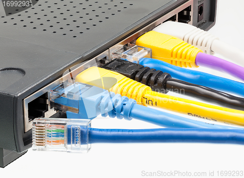Image of Cat 5 cables in multiple colors in router
