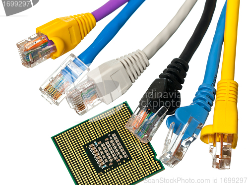 Image of Cat 5 cables in multiple colors with CPU