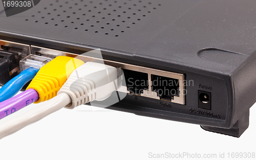 Image of Cat 5 cables in multiple colors in router
