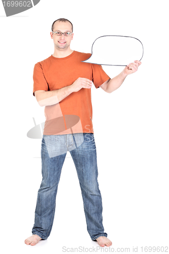 Image of Young man holds a blank card