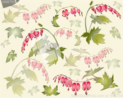 Image of Seamless background from a flowers ornament, fashionable modern wallpaper or textile.    Illustration  "bleeding heart" (Dicentra spectabilis). 