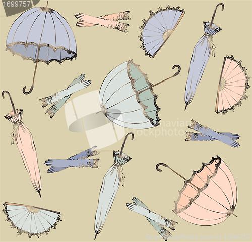 Image of Illustration of vintage umbrella, fan, glove. Seamless background fashionable modern wallpaper or textile.