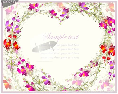 Image of Beautiful decorative card with flowers. Decorative heart. Hand drawn valentines day greeting card.   