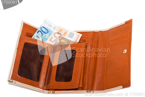 Image of Wallet with monetary denominations on a white background