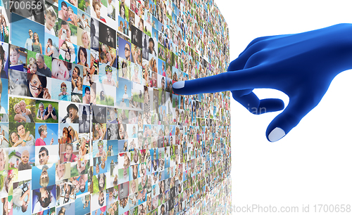 Image of Social media network. Hand pointing at people