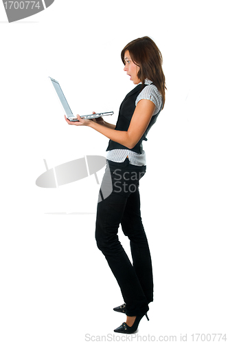 Image of Businesswoman standing surprised with laptop