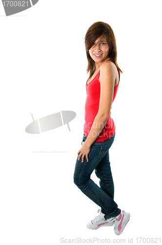 Image of Happy teenager girl on white