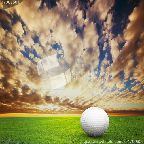 Image of Playing golf. Ball on golf field at sunset