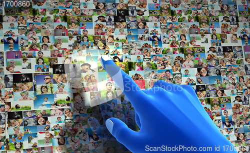 Image of Social media network. Hand pointing at people