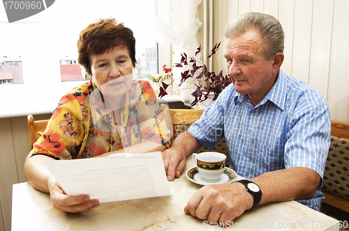 Image of Senior couple studying document