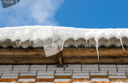 Image of Snow covered roof with icicles