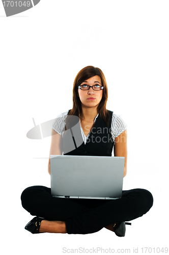 Image of Thoughtful businesswoman with laptop