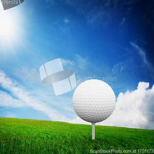 Image of Playing golf. Ball on tee on green golf field