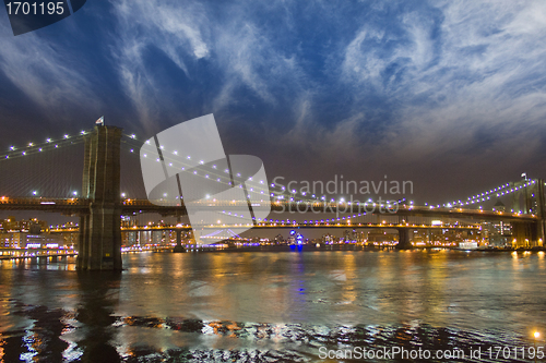 Image of Manhattan Panorama, view at night with office building skyscrape