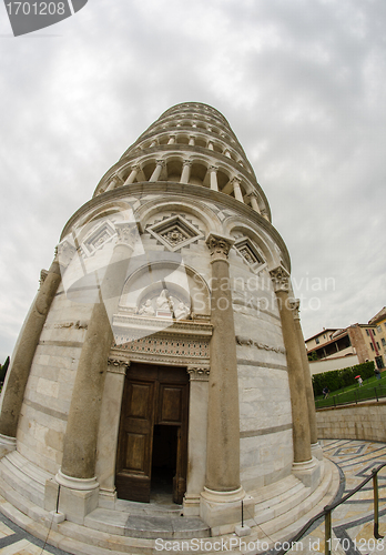 Image of Leaning Tower of Pisa in Miracle Square, Fisheye View