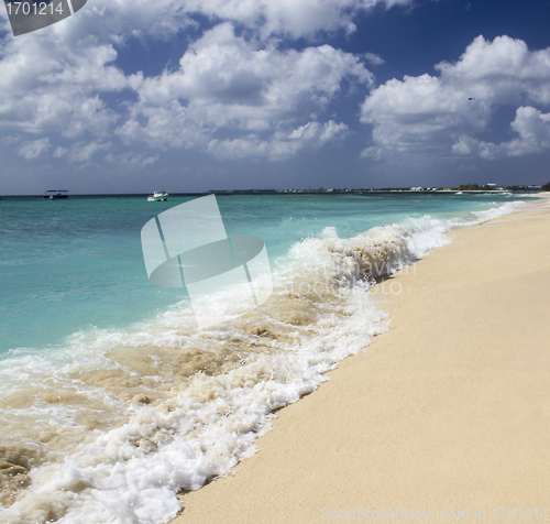 Image of Turquoise Waters of Caribbean Sea with Sky on Background