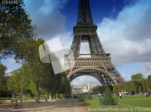 Image of Eiffel Tower with Clouds from Champs de Mars in Paris