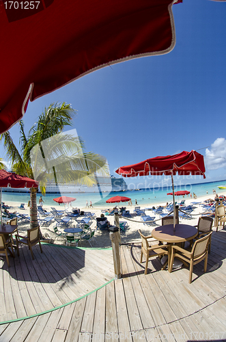 Image of Deckchairs and Umbrellas on a beautiful Beach