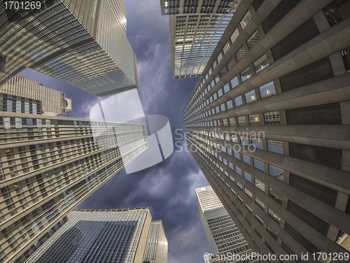 Image of Cloudy Sky above New York City Buildings, Fisheye view