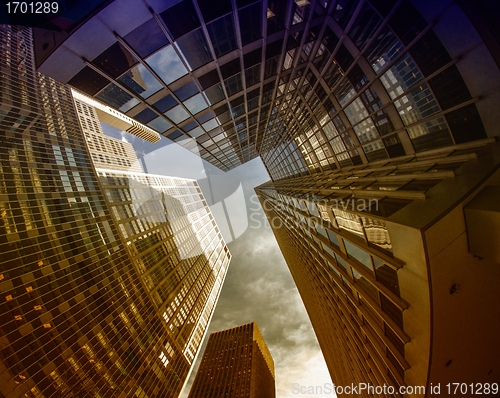 Image of Fisheye upward view of New York City Skyscrapers