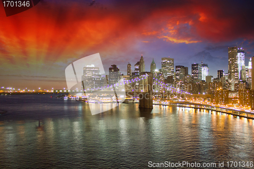 Image of Brooklyn Bridge and New York City Skyscrapers at Night