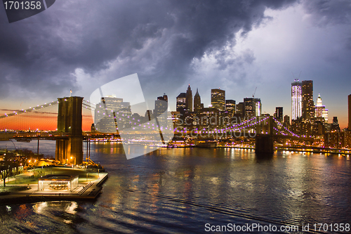 Image of Manhattan Panorama, view at night with office building skyscrape