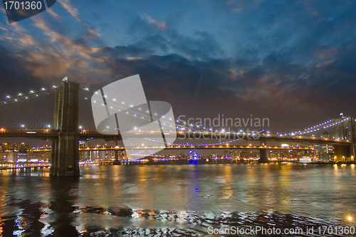 Image of Manhattan Panorama, view at night with office building skyscrape